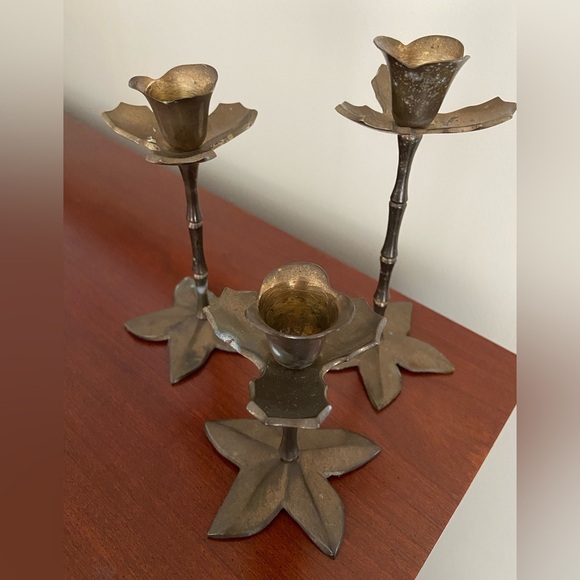 Set of 3 Solid Brass Flower Candle Holders Lotus ? - Picture 3 of 12